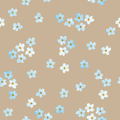 Fototapeta na wymiar Little blue flowers watercolor painting - hand drawn seamless pattern on beige background