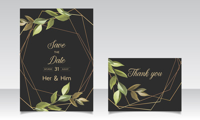 beautiful wedding invitation floral card with golden frame