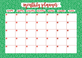 Cute monthly planner for 2020 year on Christmas tree pattern background. A4 printable open date calendar design. Template vector illustration.
