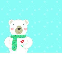 Polar bear vector illustration. White bear with flower. Beautiful white bear in scarf.