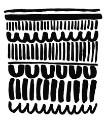 Hand drawn abstract graphic print or pattern, ink wavy lines, U shape, straight lines, irregular organic shapes. Elegant black and white, minimalist Scandinavian inspired style, International Style