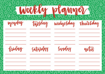 Cute weekly planner for 2020 year on winter background with Christmas trees and snow. A4 print template for weekly and daily planner with lettering. Organizer and schedule with notes.