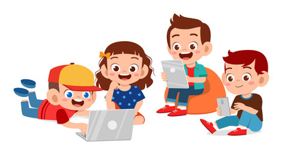 happy cute kids boy and girl using tablet