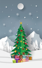 Paper art, Craft style of Christmas tree with gifts at snow mountain, Merry Christmas and Happy New Year