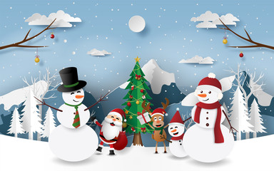 Paper art, Craft style of Christmas party with Santa Claus, Snowman and reindeer in the forest, Merry Christmas and Happy New Year