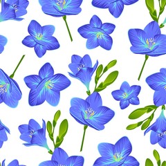 Vector pattern with blooming freesias and green buds.