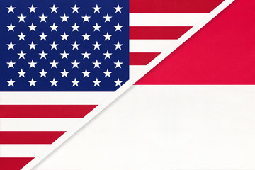 USA vs Monaco national flag from textile. Relationship between american and european countries.