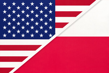 USA vs Poland national flag from textile. Relationship between american and european countries.