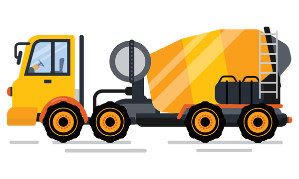 Concrete mixer, construction equipment with wheels on white. Machine with engineering material in cone, side view of automobile, blend in auto vector
