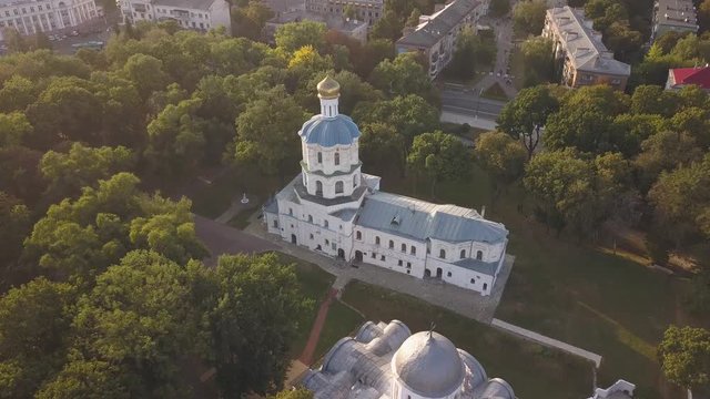 Aerial view to Transfiguration Cathedral oldest building in Chernihiv, Ukraine, One of the few surviving buildings of pre-Mongol Rus