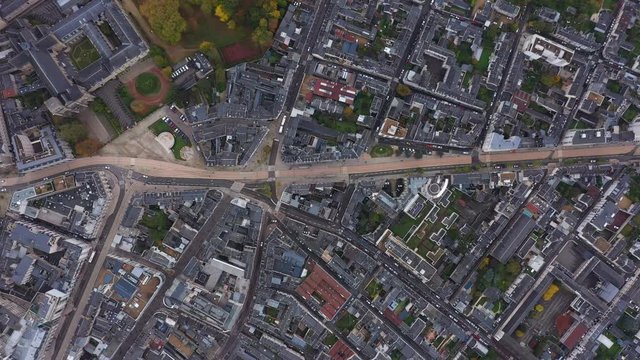 Aerial vertical top view over le Mans city center residential houses tramway line France Sarthe 