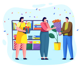 People greeting friend with birthday. Man and woman giving presents and flower bouquet to colleague at working place. Special occasion on work. Surprised and moved personage vector in flat style