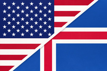 USA vs Iceland national flag from textile. Relationship between american and european countries.