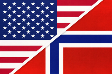 USA vs Norway national flag from textile. Relationship between american and european countries.