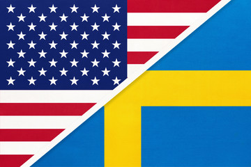 USA vs Sweden national flag from textile. Relationship between american and european countries.