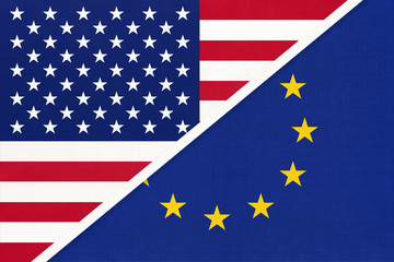 USA vs European union national flag. Relationship between american and european countries.