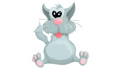 Funny gray cat sitting with his tongue hanging out on a white background. Vector illustration for your design.