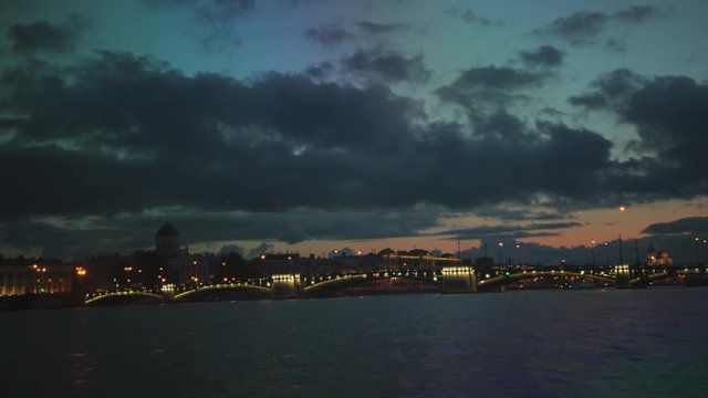 Saint Petersburg. Holiday Scarlet Sails. Russia. Sailboat sailing on the Neva River. Rasvet the sun on the background of the Peter and Paul Fortress. Holidays in the Russian Federation