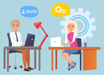 Man and woman sitting at computers, stationery and lamp on tables. Vector cartoon people and chat bubbles, rotating cogwheel symbol of work, gears and info