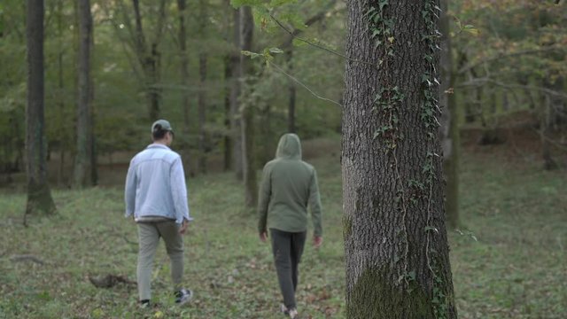 Tree trunk on the fırst plan, two friends walking into deep green woods, High tress and open  paddock. One in blue jeans jacket, other in hacky green sportswear. S-log ungraded 