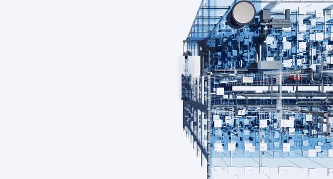 Top view visualization of a BIM model of utilites of building with transparent walls	