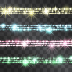 Shining glitter belt border of colorful sparkles on transparent background. Glowing decorative vector stripes for banners, posters. Festive magical jewelry line, horizontal garland. - obrazy, fototapety, plakaty