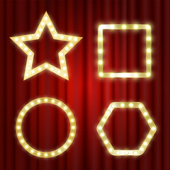 Retro vector electrical sign set, blank copy space, marquee shapes background. Show time board for performance, cinema, entertainment, roulette, poker. Shining light bulbs, vintage red velvet curtains