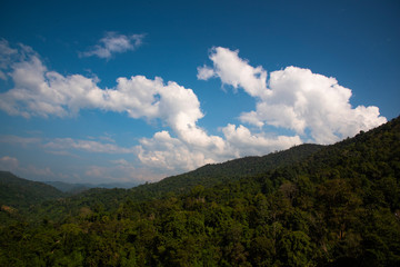clouds over mountains with forest