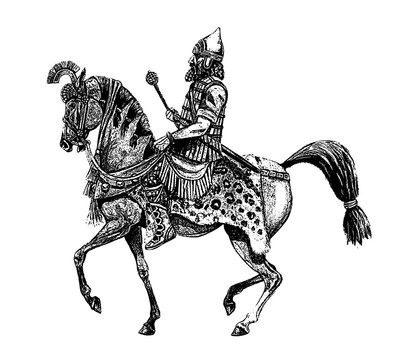 Ancient assyrian rider. Ancient warrior on horseback . Book Illustration.