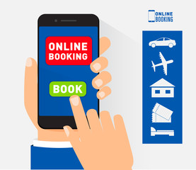 online booking mobile application concept, hand holding smartphone with book button on screen, vector illustration