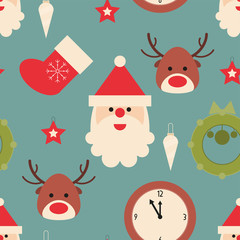 Merry Christmas Seamless Pattern for Wrapping Paper, Wallpaper, Greeting Design. Vector Illustration. Santa Claus, Christmas Deer, Gifts and Decorations. Retro Style.