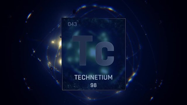 Technetium as Element 43 of the Periodic Table. Seamlessly looping 3D animation on blue illuminated atom design background with orbiting electrons. Design shows name, atomic weight and element number