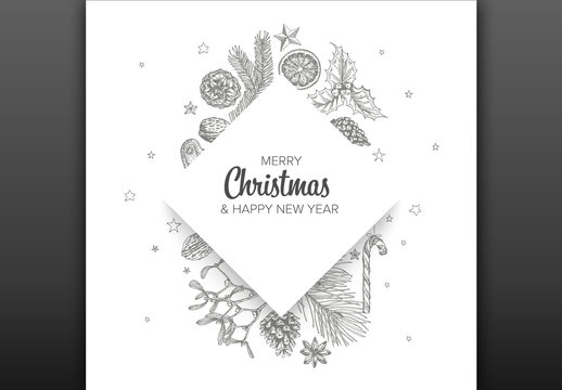 Christmas Card Layout with Hand Drawn Illustrations