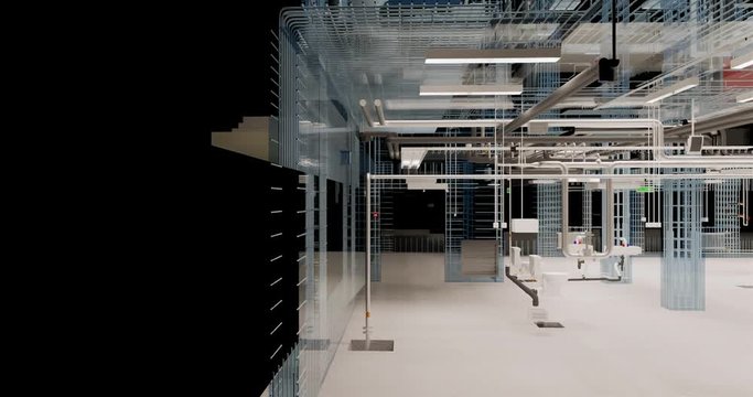 Section view visualization of the interior room space of building without a front facade wall	