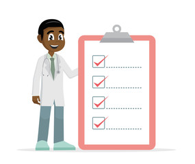 Cartoon character, African Doctor man holding checklist.