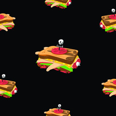 Zombie fast food. Vector illustration. Pattern food. Sandwich dead. Human hand