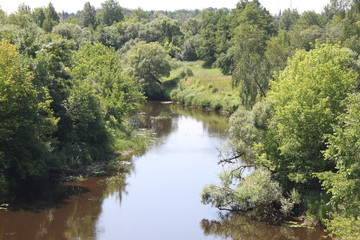Fototapeta na wymiar A small river in Polissya. View from the bridge