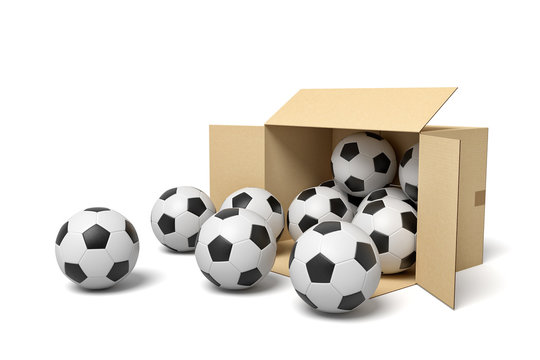3d rendering of cardboard box full of footballs.