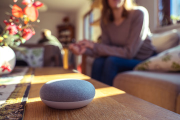 voice controlled smart speaker with a woman woman in the background in a interior home environment. Smart AI speaker concept 