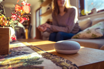 voice controlled smart speaker with a woman in the background in a interior home environment. 