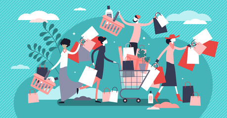 Shopping madness crowd flat tiny persons concept vector illustration