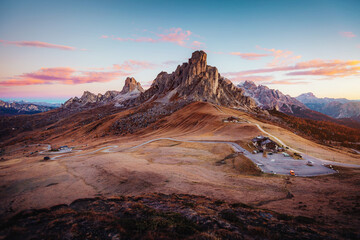 Majestic morning in Passo di Giau with peak Ra Gusela. Location place Dolomite Alps, Italy, Europe.