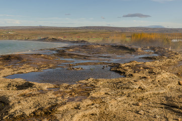 Iceland, geyser valley Geyser Strokkur. Great tourist attraction on Golgen Circle Iceland.