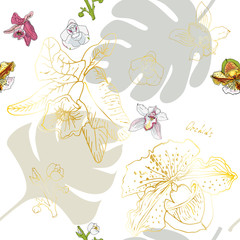 Modèle sans couture avec des fleurs dorées et des feuilles grises sur fond blanc. Feuille de palmier tropical et orchidées roses. Illustration vectorielle avec des plantes.