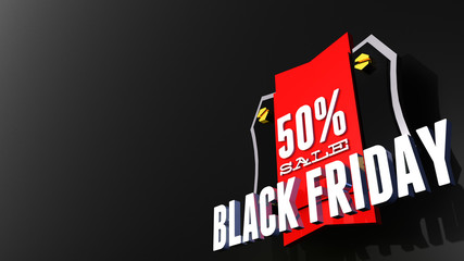 Black friday 50 percent sale label with ribbon and badge or tag for flyers and banners. 3D illustration