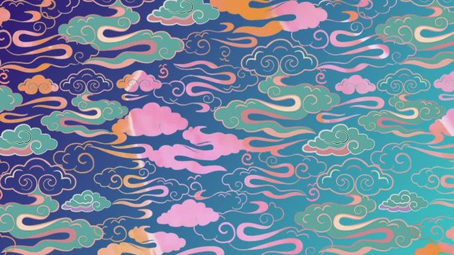 ANIMATED LOOPED VIDEO ILLUSTRATION OF STYLIZED BRIGHT IRIDESCENT CLOUDS RESEMBLING DRAGON TAIL. LUNAR TWILIGHT IN SHADES OF CORAL, PINK, PURPLE, AQUA, LILAC.