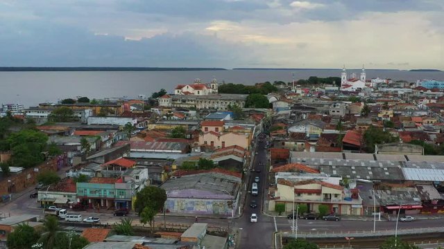 City of Altamira, Brazil along the Xingu River. Aerial, boom up pedestal shot.