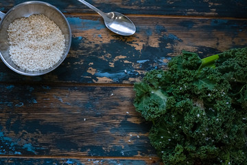 Organic kale with water droplets in closeup
