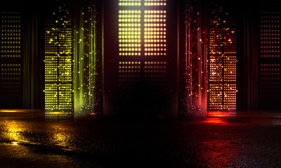 Background of empty show scene. Empty dark modern abstract neon background. Glow of neon lights on an empty stage, diodes, rays and lines. Lights of the night city. Wet asphalt, yellow and red neon.