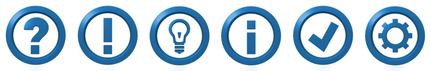 question mark exclamation point answer asking questions ideas light bulb info advice internet information sign check mark tick symbol gear cog wheel icon blue 3d rendering